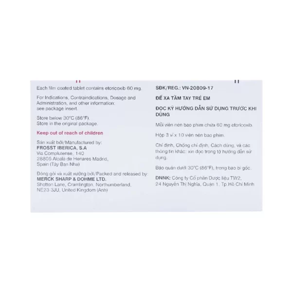 Thuốc Arcoxia 60mg MSD điều trị thoái hoá khớp, viêm khớp dạng thấp (3 vỉ x 10 viên) - Hình ảnh 3