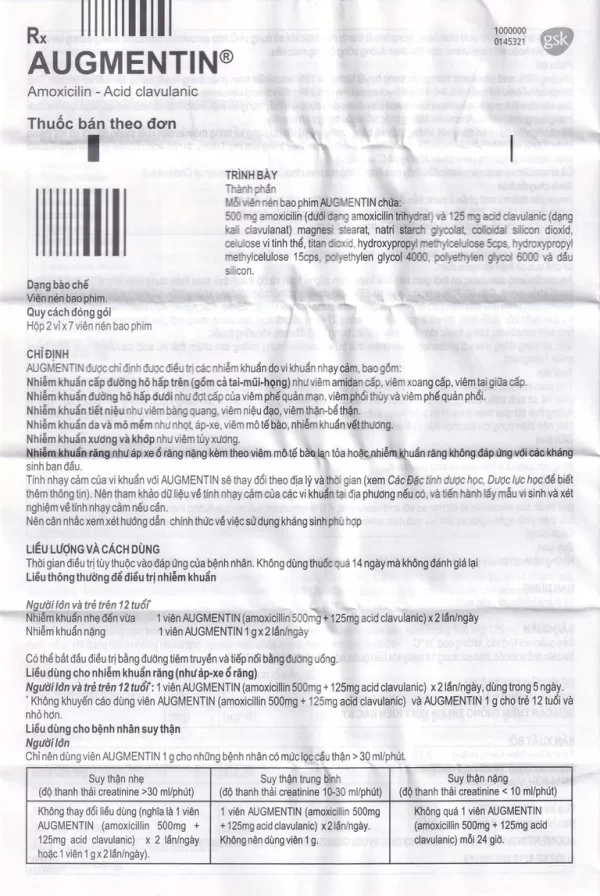 Thuốc Augmentin 625mg GSK điều trị nhiễm khuẩn (2 vỉ x 7 viên) - Hình ảnh 3