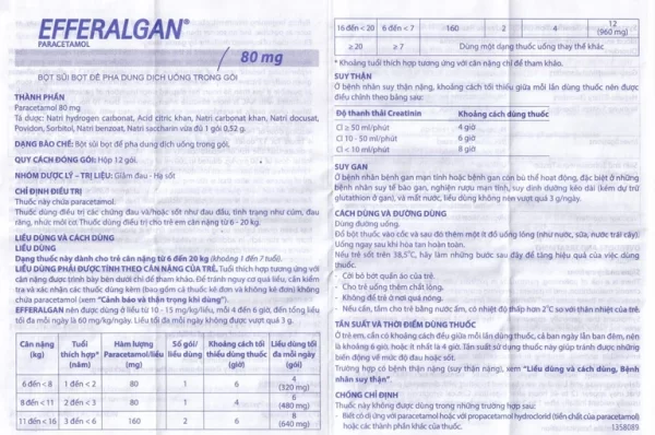 Bột sủi Efferalgan 80mg UPSA SAS giảm đau, hạ sốt (12 gói) - Hình ảnh 3