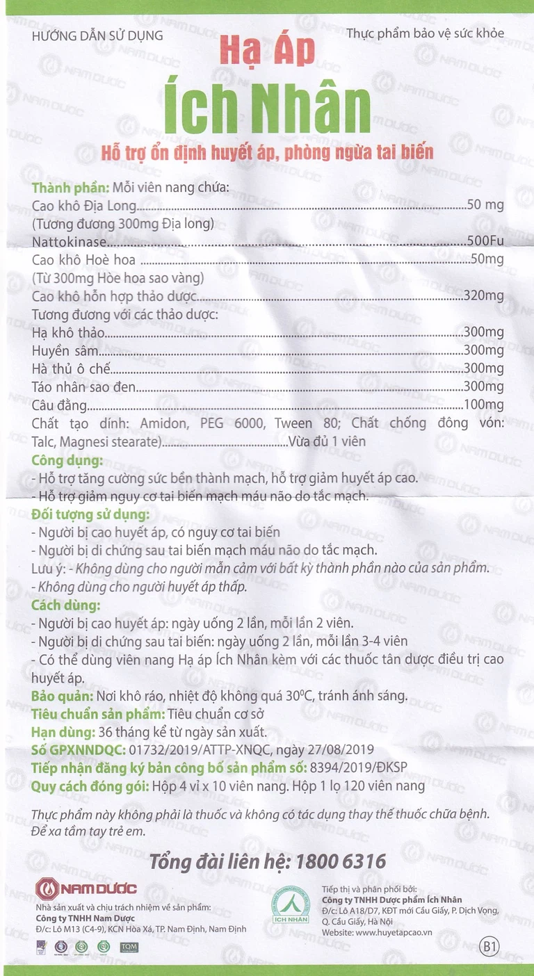 Viên uống Hạ Áp Ích Nhân Nam Dược hỗ trợ hạ huyết áp, giảm nguy cơ tai biến (4 vỉ x 10 viên) - Hình ảnh 3