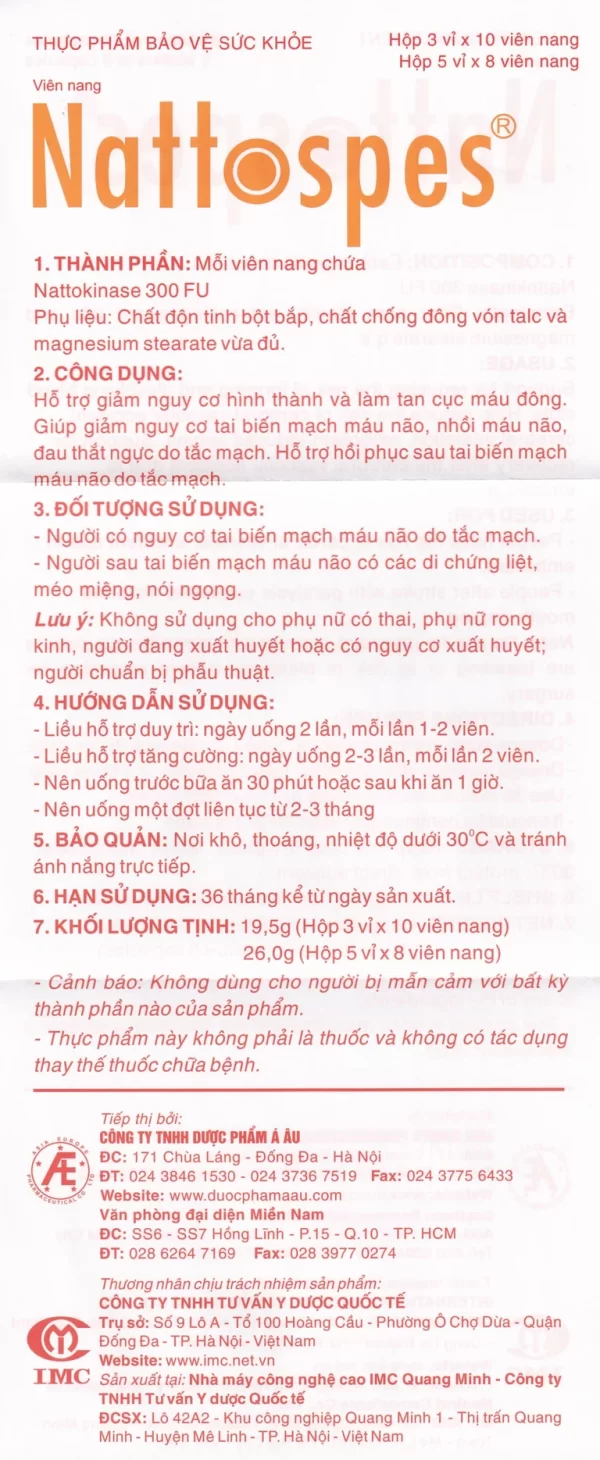 Viên uống Nattospes Á Âu hỗ trợ giảm nguy cơ hình thành và làm tan cục máu đông (3 vỉ x 10 viên) - Hình ảnh 3