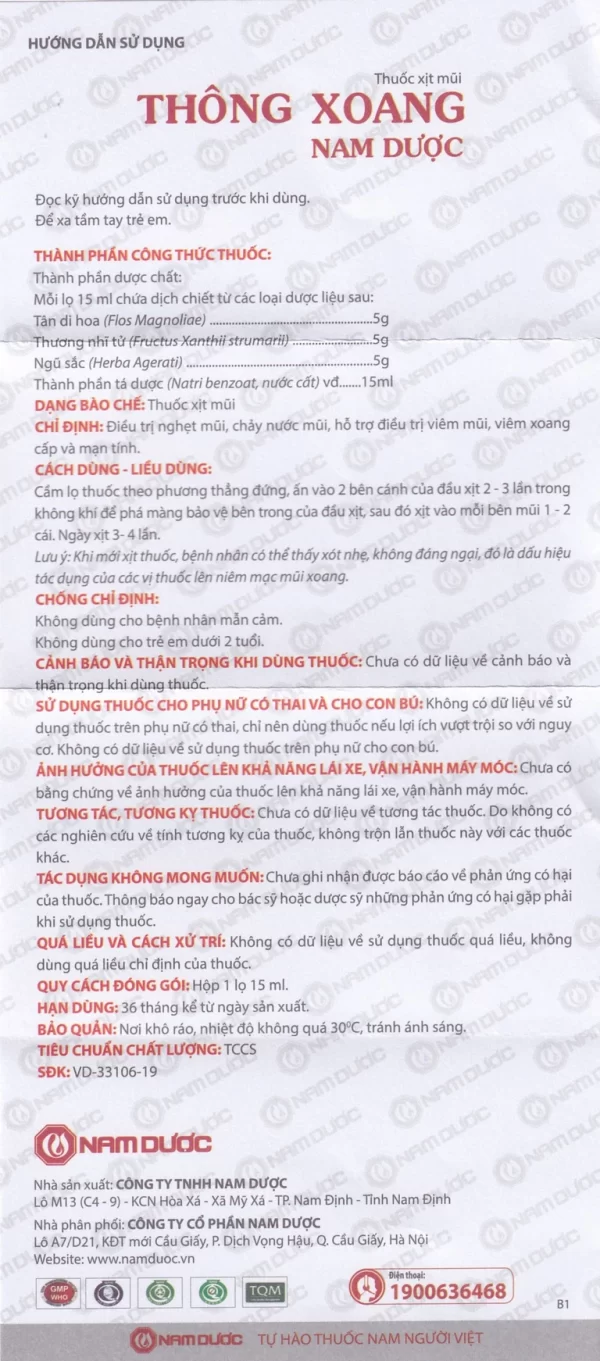 Thuốc xịt mũi Thông Xoang Nam Dược điều trị nghẹt mũi, chảy nước mũi (15ml) - Hình ảnh 3