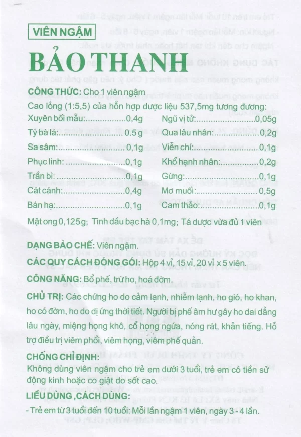 Viên ngậm Bảo Thanh Hoa Linh bổ phế, trừ ho, hoá đờm (20 vỉ x 5 viên) - Hình ảnh 3