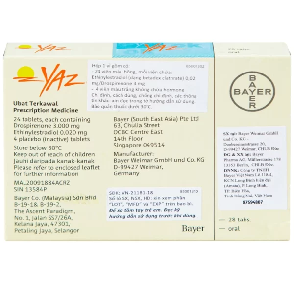 Thuốc Yaz Bayer dùng tránh thai, điều trị mụn trứng cá (1 vỉ x 28 viên) - Hình ảnh 4