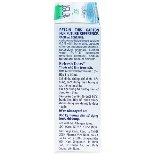 Thuốc nhỏ mắt Refresh Tears Allergan giảm khô mắt, mắt đỏ (15ml) - Hình ảnh 2