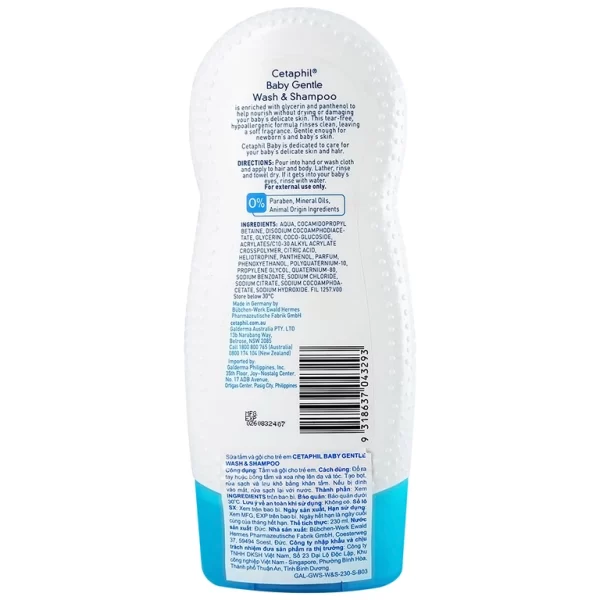 Sữa tắm gội em bé Cetaphil Baby Gentle Wash and Shampoo Hair and Body làm dịu da, không gây kích ứng (230ml) - Hình ảnh 3