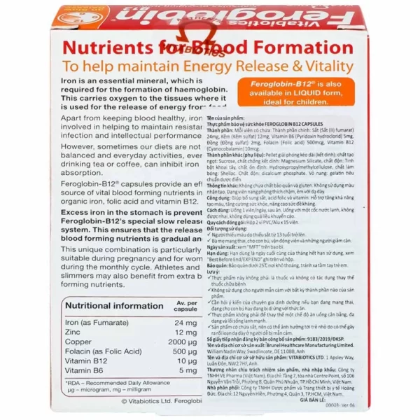 Viên uống Feroglobin B12 Vitabiotics hỗ trợ tăng khả năng tạo máu, tăng cường sức khỏe (30 viên) - Hình ảnh 3