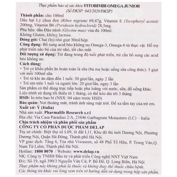 Siro Fitobimbi Omega Junior Gocce Pharmalife bổ sung acid béo không no Omega-3, Omega-6 (30ml) - Hình ảnh 3