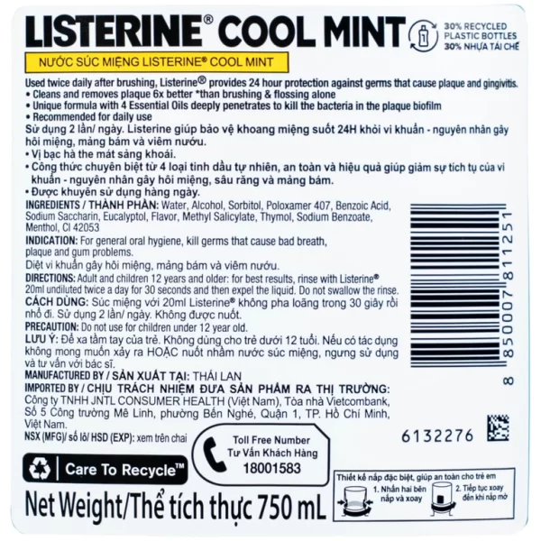 Nước súc miệng Listerine Cool Mint bảo vệ khoang miệng suốt 24h khỏi vi khuẩn hôi miệng, mảng bám, viêm nướu (750ml) - Hình ảnh 3