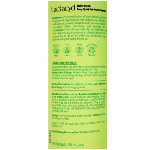 Dung dịch vệ sinh phụ nữ Lactacyd Odor Fresh ngăn mùi suốt 24h (150ml) - Hình ảnh 3