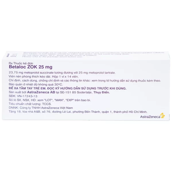 Thuốc Betaloc Zok 25mg AstraZeneca điều trị tăng huyết áp (1 vỉ x 14 viên) - Hình ảnh 3