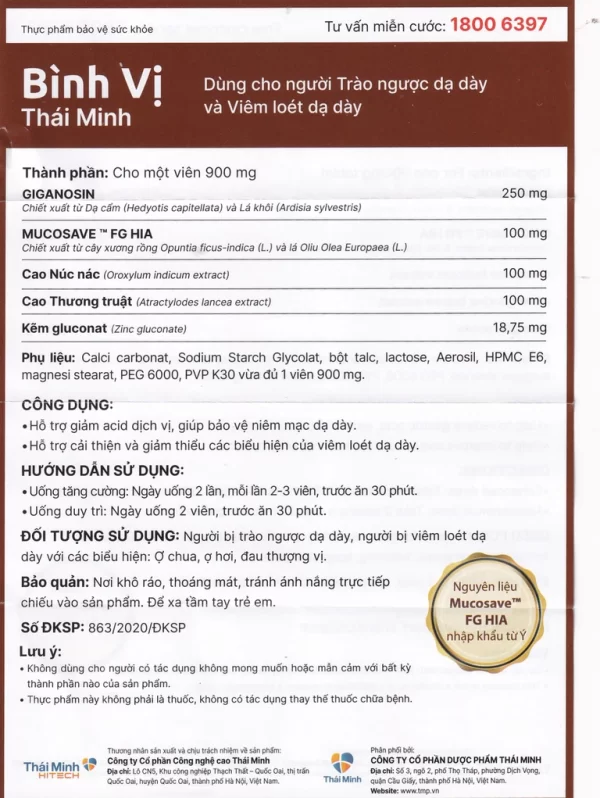Viên uống Bình Vị Thái Minh hỗ trợ giảm acid dịch vị, giúp bảo vệ niêm mạc dạ dày (2 vỉ x 10 viên) - Hình ảnh 3
